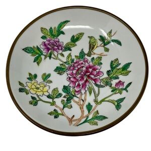 Japanese Porcelain Ware Encased in Brass Bowl 7 5/8” Bird & Flowers VTG